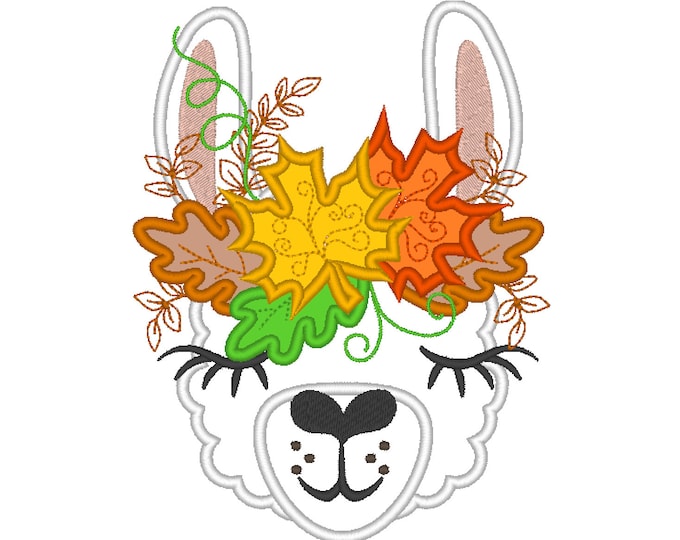 Leaves Autumn crown Thanksgiving leaves wreath Llama alpaca head with leaves applique machine embroidery designs autumn llama face