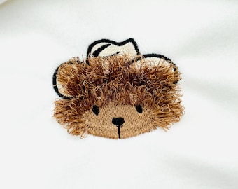 Fringed fluffy Teddy Bear Coby with Cowboy Hat kids baby fur chenille fringe machine embroidery designs assorted mini sizes 2, 2.5, and 3in