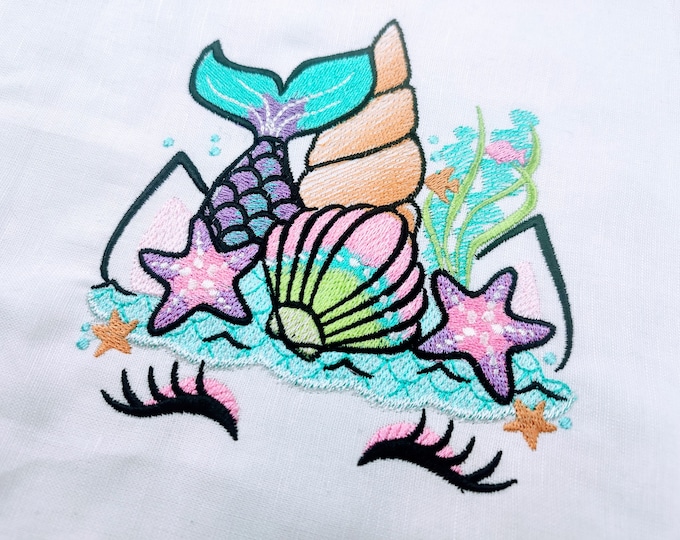 Mermaid Sea Unicorn head with shell and star crown fill stitch machine embroidery designs Summertime unicorn face nautical, seaside