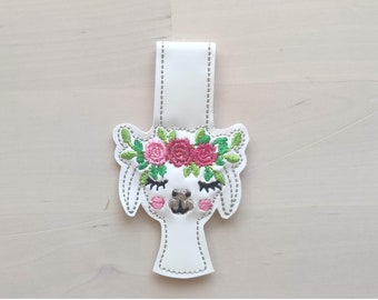 Roses Floral crown llama head alpaca face flower ITH key fob snap tab mini machine embroidery design keychain in the hoop embroidery project