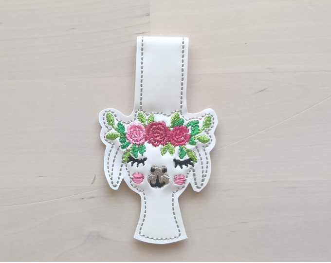 Roses Floral crown llama head alpaca face flower ITH key fob snap tab mini machine embroidery design keychain in the hoop embroidery project