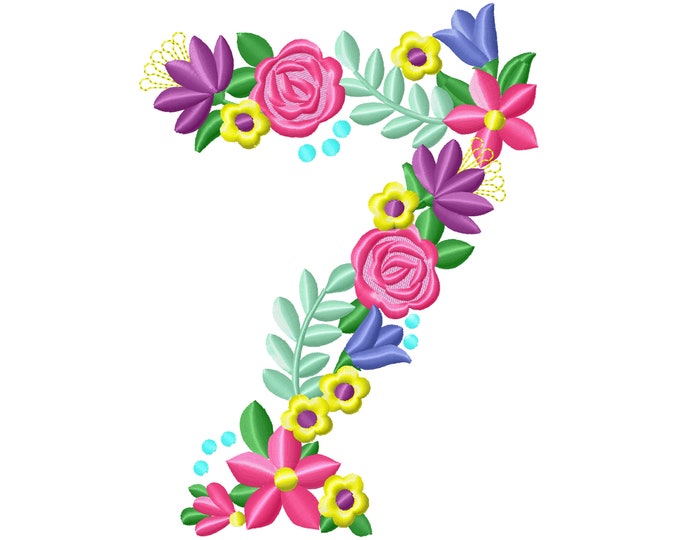 Floral letter Birthday number SEVEN flowers liberty fashioned flowers Font machine embroidery design number 7 only 4, 5, 6, 7, 8 in