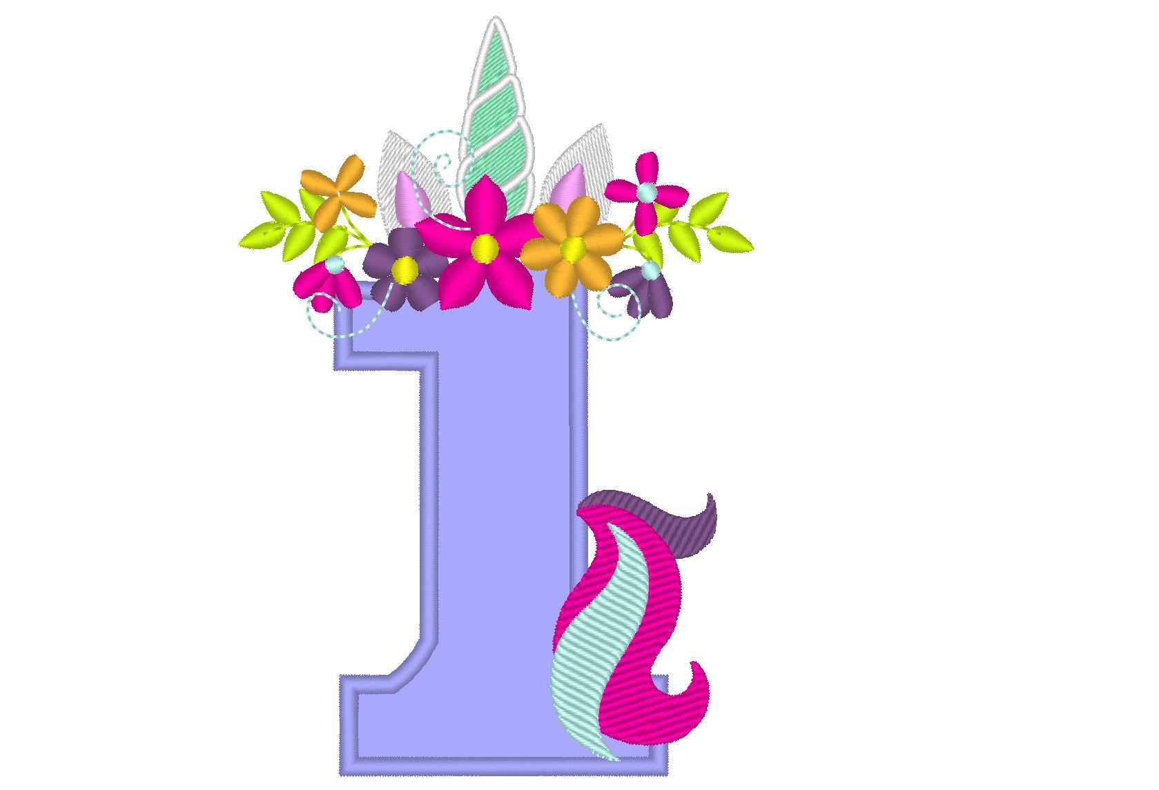 Unicorn number one 1 with flowers crown , Unicorn Tail Birthday number