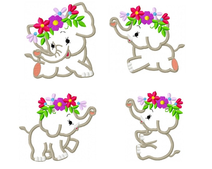 Little Elephant with flowers crown, Floral crown elephant, 4 types  Machine Embroidery applique Designs, 3, 4,  5 Elephant applique