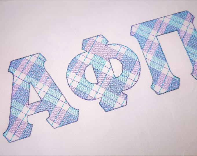 Classic sororities Greek alphabet Gingham plaid checkered print Greek and English font letters 2 colors buffalo machine embroidery design BX