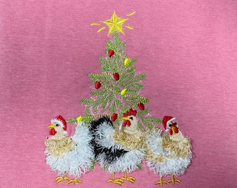 Chicken Christmas Party machine embroidery designs Fringed Fluffy chenille farm bird Chickens Santa hat and Christmas tree sweatshirt design