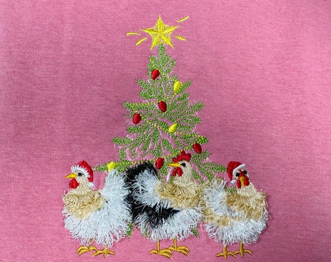 Chicken Christmas Party machine embroidery designs Fringed Fluffy chenille farm bird Chickens Santa hat and Christmas tree sweatshirt design