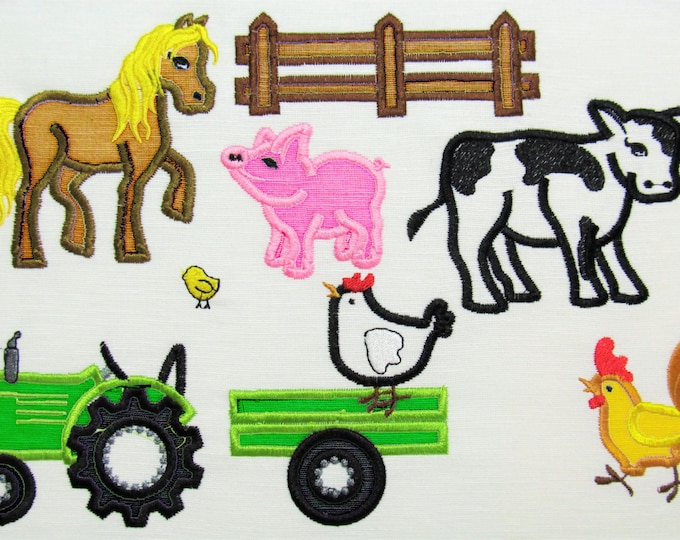 Barnyard, farm animals, Tractor, cow, horse, fence barnyard embroidery designs - applique embroidery designs