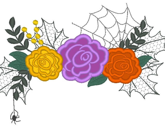 Halloween spider roses crown bouquet  shabby chick roses flowers crown applique machine embroidery designs Halloween rose fall