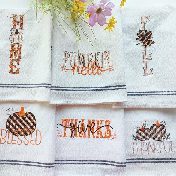 Gingham chain Pumpkin fall Autumn Thanksgiving Kitchen dish towel quotes SET of 6  machine embroidery designs 4x4, 5x7, 8x8 aprons pillows