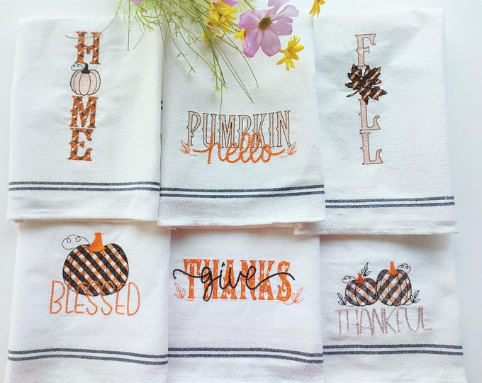 Gingham chain Pumpkin fall Autumn Thanksgiving Kitchen dish towel quotes SET of 6  machine embroidery designs 4x4, 5x7, 8x8 aprons pillows