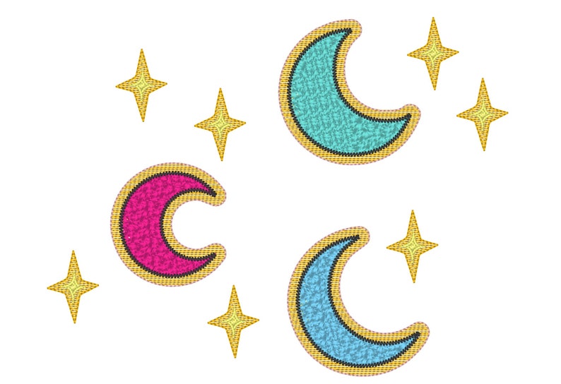 May include: Two blue and one pink crescent moons with gold outlines and five gold stars. The moons and stars are embroidered.