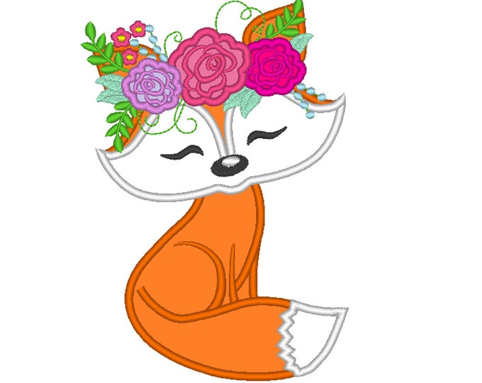 Pretty eyes Fox face with shabby chick roses crown applique machine embroidery designs applique Fox flowers embroidery fox head