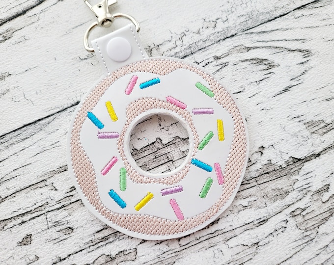 Donut key fob in the hoop machine embroidery designs ITH project Doughnut with sugar topping keyfob snap tab key tab keychain playful kids