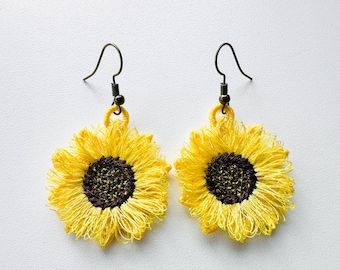 Fringed Fluffy Sunflower earrings charm pendant FSL freestanding lace machine embroidery designs kids girls pretty Flower fur fringe design
