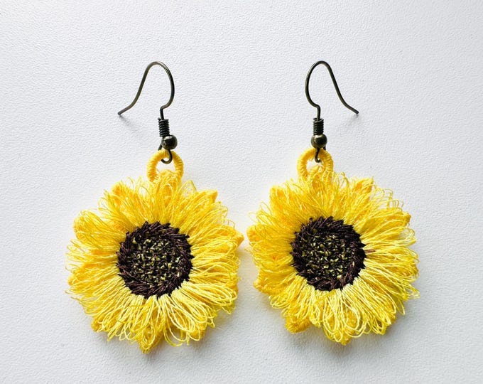 Fringed Fluffy Sunflower earrings charm pendant FSL freestanding lace machine embroidery designs kids girls pretty Flower fur fringe design