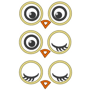 May include: Three sets of cartoon owl eyes with different expressions. The first set has open eyes, the second set has closed eyes with eyelashes, and the third set has closed eyes with eyelashes. Each set of eyes is surrounded by a yellow circle and has a small orange beak.