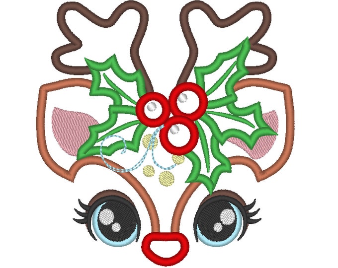 Cute Reindeer Holly leaves crown Machine Embroidery Applique Design Christmas Deer head with floral crown Merry Christmas