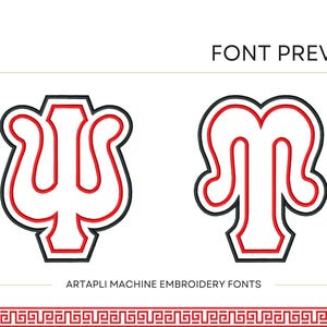 Puede incluir: Vista previa de fuente con dos letras bordadas, un símbolo Psi y una M, en rojo con contorno negro. El texto "FONT PREVIEW" está encima de las letras, y "ARTAPLI MACHINE EMBROIDERY FONTS" está debajo.
