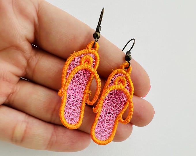 Summer Flip Flops earrings charm FSL freestanding lace 3D dimensional machine embroidery designs flip flop beach shoes girls lace earrings