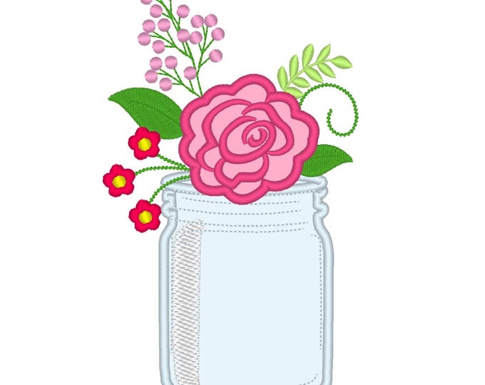 Shabby chic rose flower in Mason jar summer applique machine embroidery designs sizes for hoop 4x4 and 5x7 girls floral bouquet