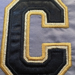 May include: A close-up of a black and gold embroidered letter "C" on a purple fabric background.