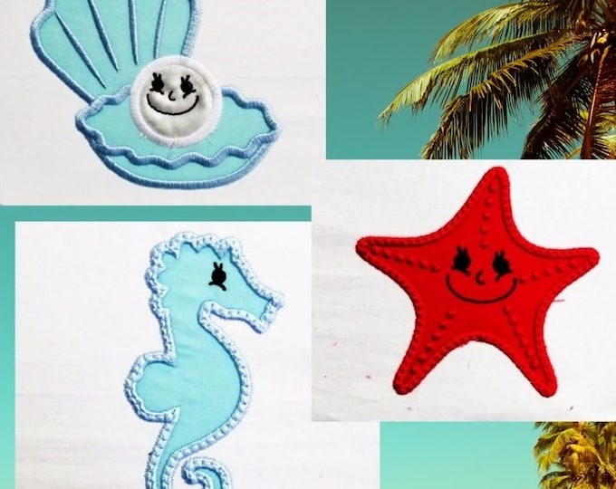 Seahorse, pearl, starfish, set of 3 machine embroidery applique designs, nautical, seaside machine embroidery designs INSTANT DOWNLOAD