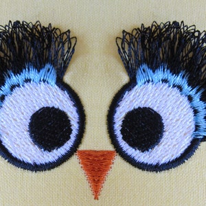 May include: Embroidered owl eyes with black eyelashes, blue eyelids, white pupils, and black centers. The owl has a small orange beak.