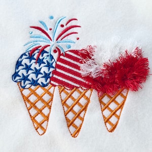 Patriotic fringed fluffy ice cream waffle cones 3 in row and fireworks machine embroidery designs assorted sizes celebrate Independence Day