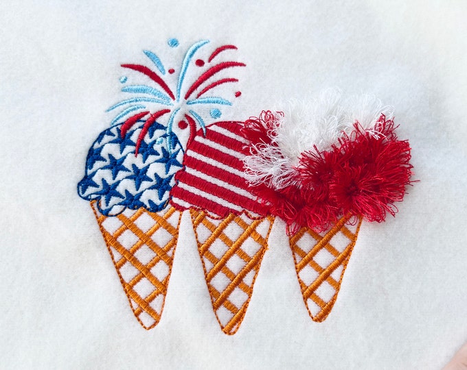 Patriotic fringed fluffy ice cream waffle cones 3 in row and fireworks machine embroidery designs assorted sizes celebrate Independence Day