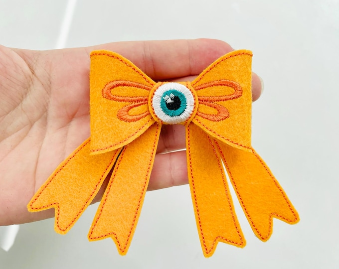 Halloween spooky Monster Eye Bow 3D dimensional machine embroidery designs felt feltie design simply in the hoop ITH project kids hairpin