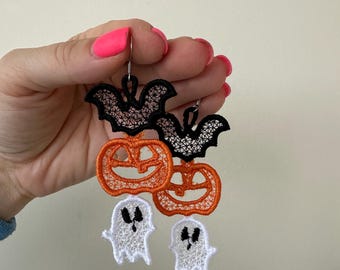 Spooky Halloween dangle Earrings Pumpkin Jack-o-Lantern Bat Ghost in a row ITH in the hoop FSL freestanding lace machine embroidery designs