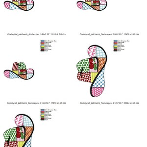 May include: A colourful patchwork cowboy hat embroidery design in various shades of blue, green, pink, red, orange, and yellow. The design is available in multiple sizes, from 4 inches to 7 inches.