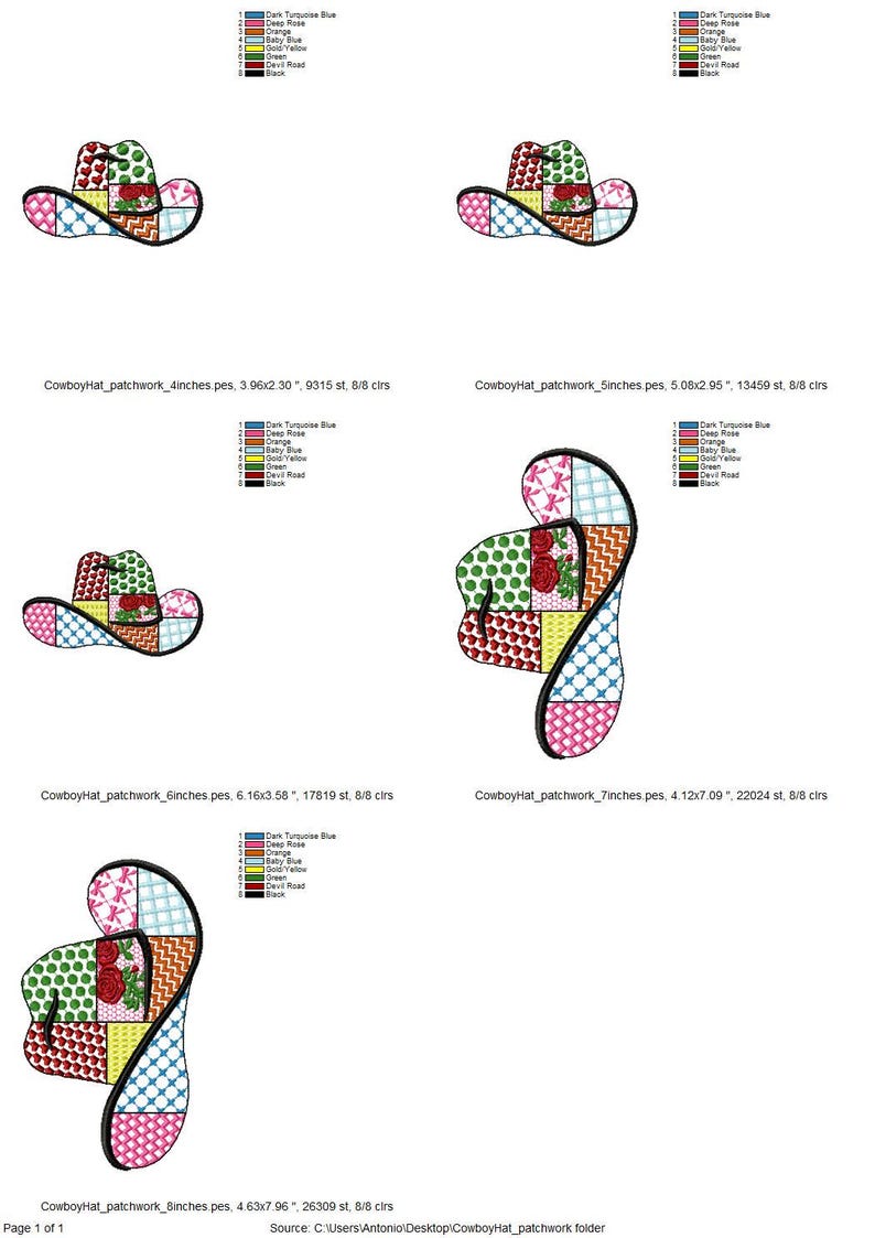 May include: A colourful patchwork cowboy hat embroidery design in various shades of blue, green, pink, red, orange, and yellow. The design is available in multiple sizes, from 4 inches to 7 inches.