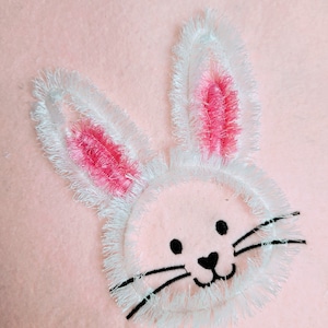 Fluffy Easter Bunny head silhouette, machine embroidery chenille fluffy applique designs, fringe in the hoop ITH project