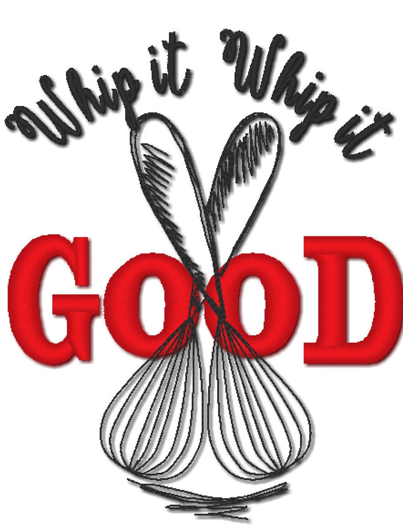 K&ouml;nnte beinhalten: Eine rote Grafik mit dem Text "Whip it Whip it GOOD" und zwei gekreuzten schwarzen Schneebesen.