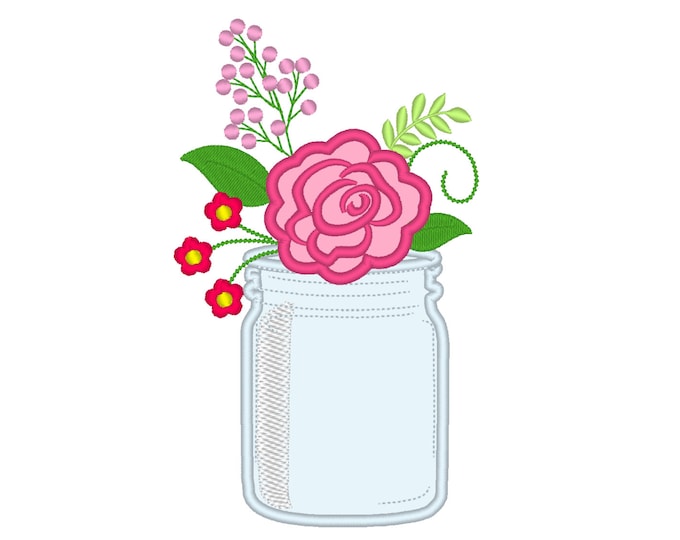 Shabby chick rose flower in Mason jar summer applique machine embroidery designs for hoop 4x4, 5x7 assorted sizes, floral applique