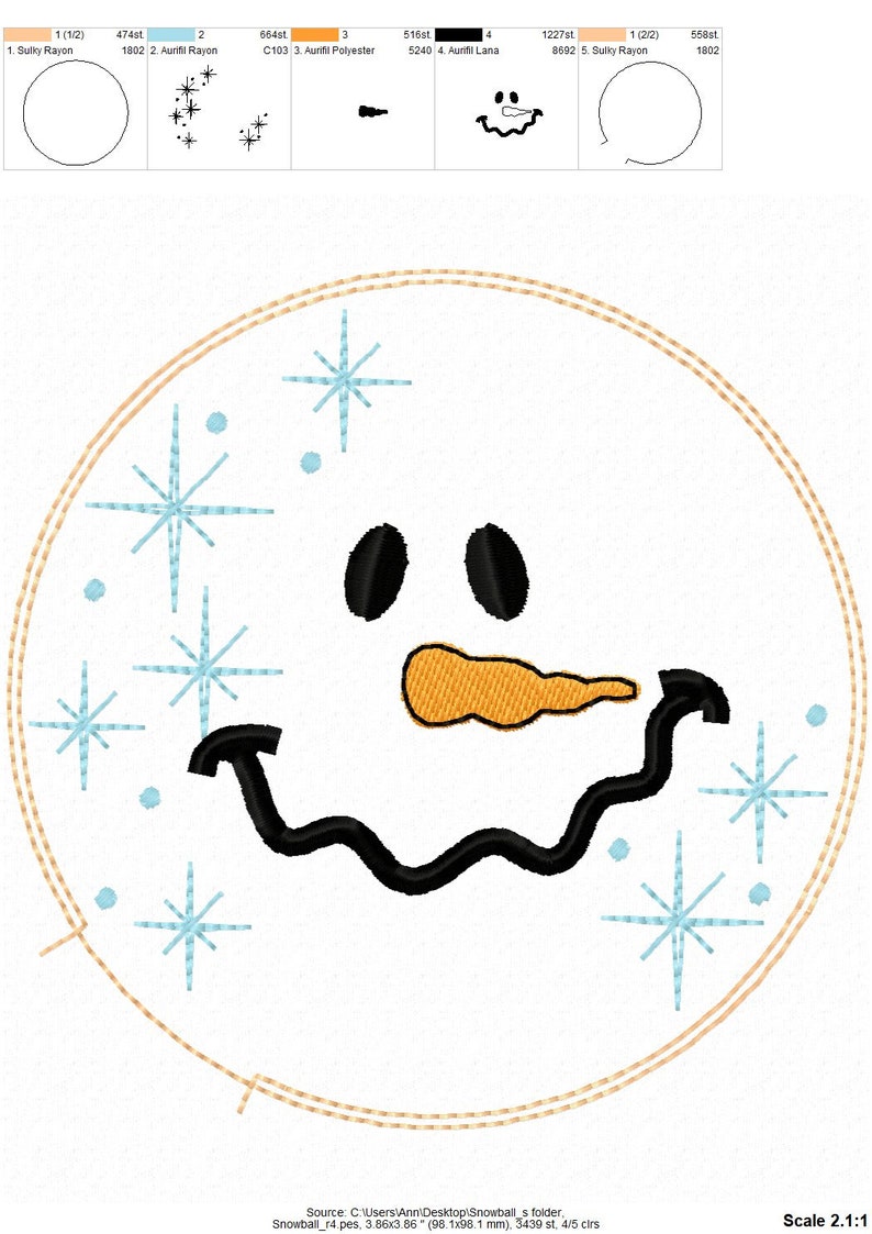 May include: A white snowman face with black eyes, a black mouth, and an orange carrot nose. The snowman is surrounded by blue snowflakes on a white background.