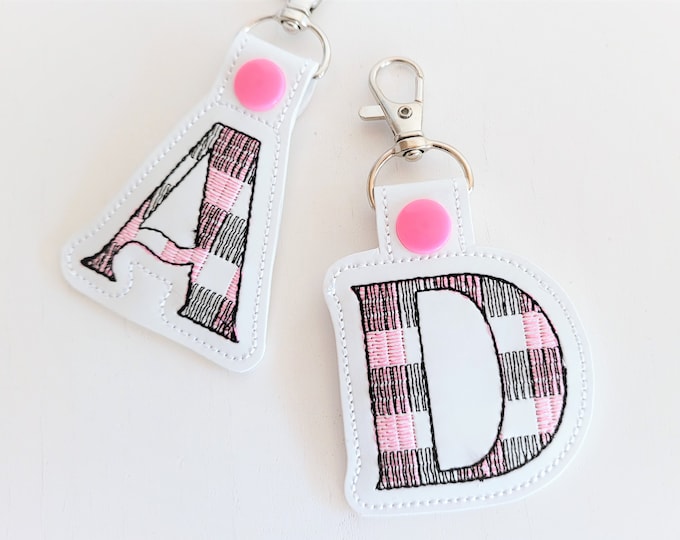 Key fob snap tab Gingham Buffalo Tartan Monogram alphabet initial letters A-Z in the hoop ITH keyfob bag tag machine embroidery designs 4x4