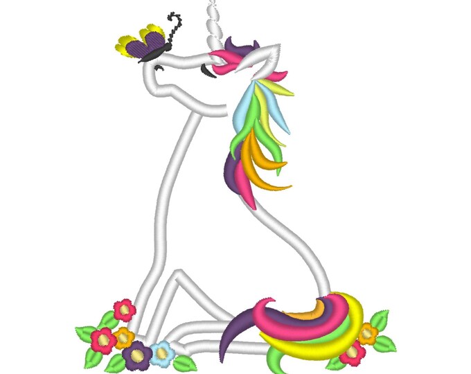 Rainbow Unicorn with Butterfly Applique machine embroidery designs and fill stitch design magic pretty horse girl sizes 4 up to 6 inch