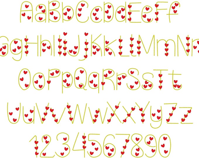 Heart Font puff bean stitch line Font machine embroidery designs assorted mini sizes handwritten script Valentine Font alphabet letters, BX