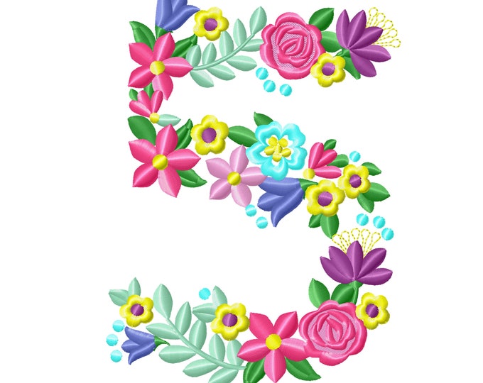Floral letter Birthday number FIVE flowers liberty fashioned flowers Font machine embroidery design number 5 only 4, 5, 6, 7, 8 in