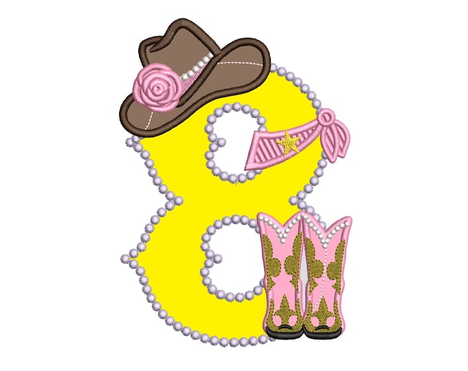 Lady Cowboy Birthday number EIGHT 8 - one number - machine embroidery applique designs for hoop 5x7 pretty farm girl cowgirl birthday party
