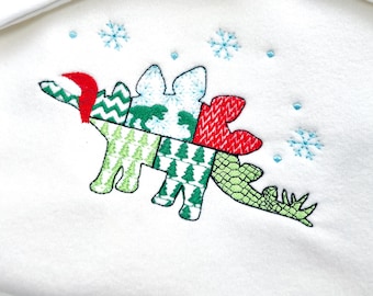 Christmas Stegosaurus Bobby Jurassic Dinosaur Patchwork patterned silhouette outline kids machine embroidery designs sizes 4 up to 8 inches