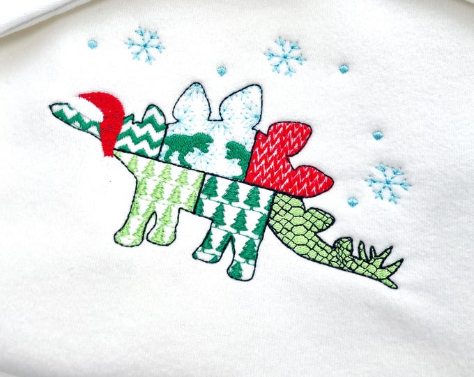 Christmas Stegosaurus Bobby Jurassic Dinosaur Patchwork patterned silhouette outline kids machine embroidery designs sizes 4 up to 8 inches