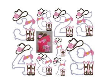 Lady Cowboy Birthday numbers - whole set of numbers 1-9 Applique machine embroidery designs for hoop 5x7 farm girl cowgirl birthday party