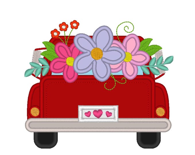 Vintage station wagon red truck back with flowers Applique lovely floral flower bouquet machine embroidery designs assortde sizes