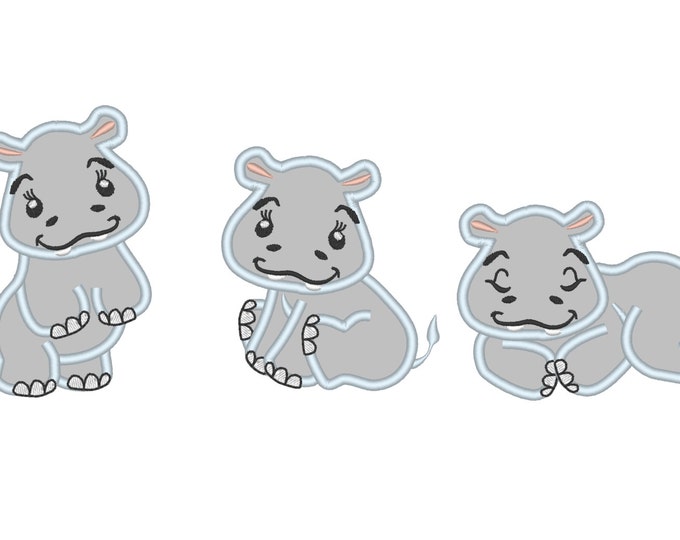 Little cute hippos 3 types SET of 3 hippo mammal hippopotamus baby kids machine embroidery applique designs for hoop 4x4, 5x7 multiple sizes