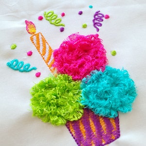 Fringed Cupcake birthday cake machine embroidery designs for hoop 4x4, 5x7 fringe in the hoop ITH project kids birthday party fluffy muffin