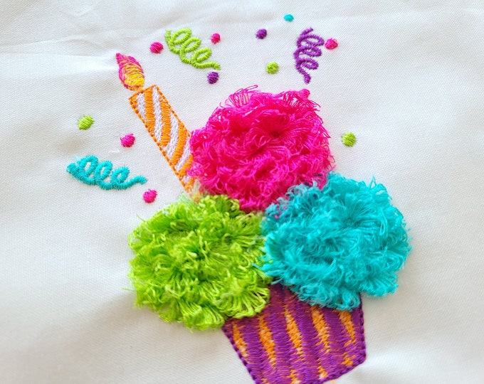 Fringed Cupcake birthday cake machine embroidery designs for hoop 4x4, 5x7 fringe in the hoop ITH project kids birthday party fluffy muffin